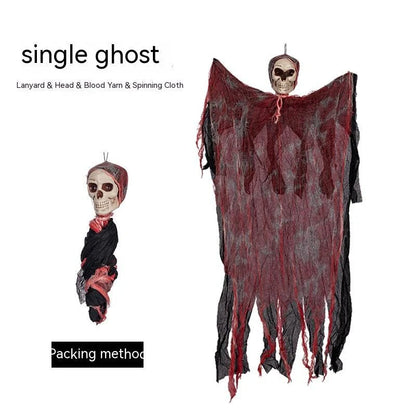 Halloween hanging ghost pendant with blood-dyed skull and wavy cloth for scary decor