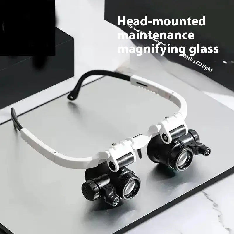 White head-mounted magnifying glass with adjustable band, 30mm lenses, and foldable design for circuit board repair