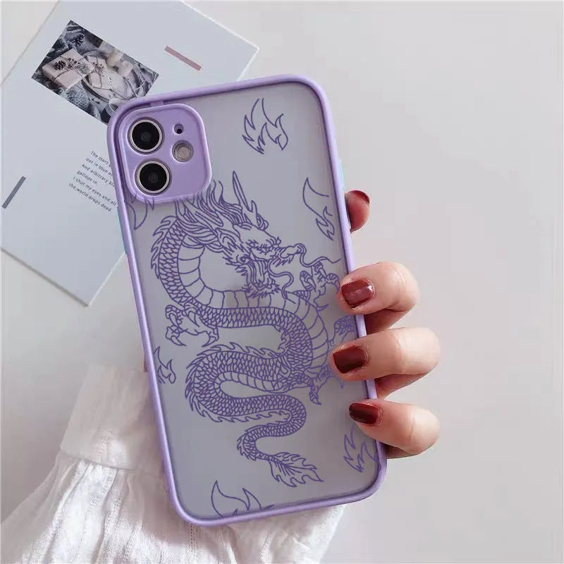 Frosted iPhone case with dragon line art in black, showing Chinese-style painted design and TPU PC back cover.