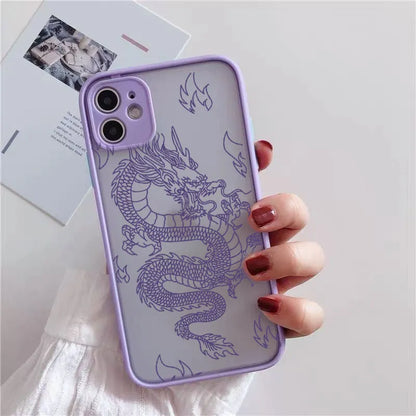 Frosted iPhone case with dragon line art in black, showing Chinese-style painted design and TPU PC back cover.