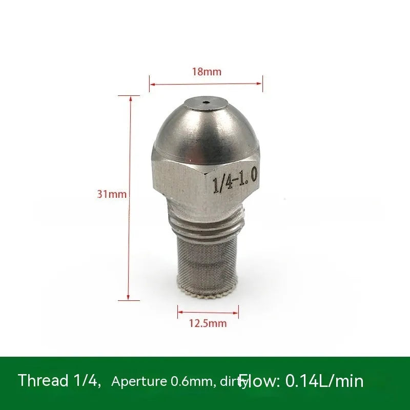 304 stainless steel high and low pressure atomising nozzle with external thread and filter.
