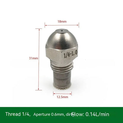 304 stainless steel high and low pressure atomising nozzle with external thread and filter.