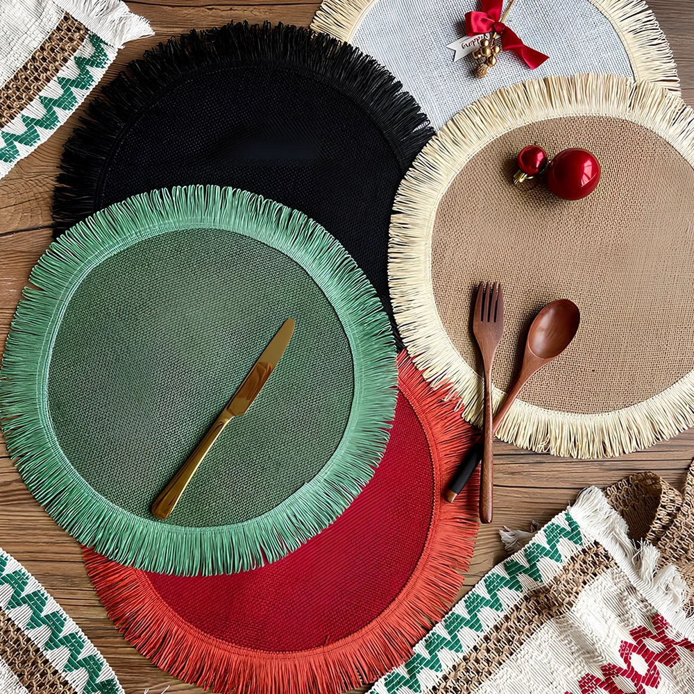 Round handwoven jute placemat with decorative tassels measuring 30cm diameter in Christmas green colour