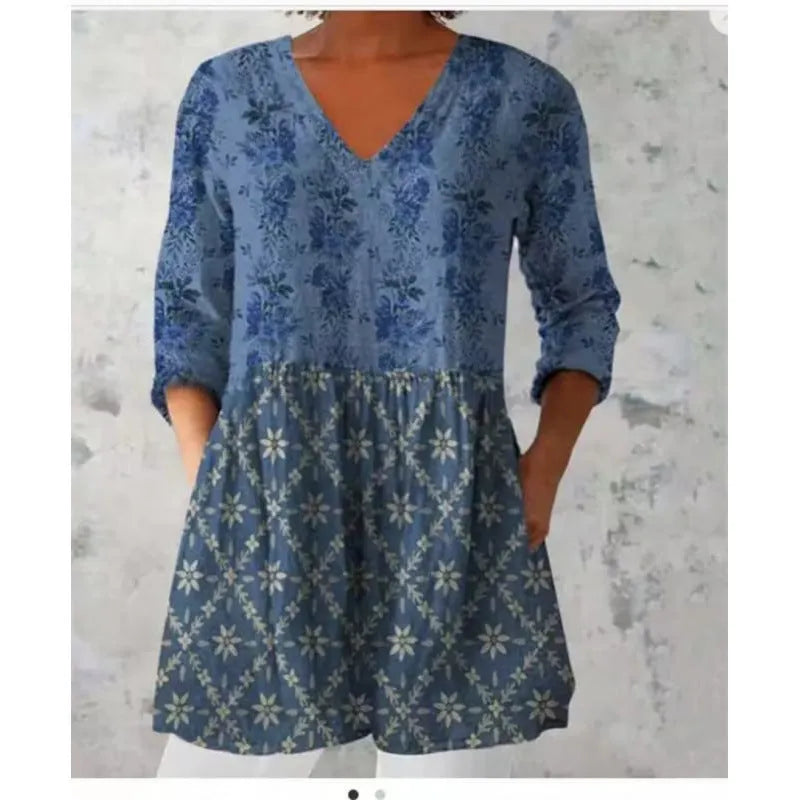 Women's printed wave loose dress with wide waist design and 3/4 sleeves in one of seven style options