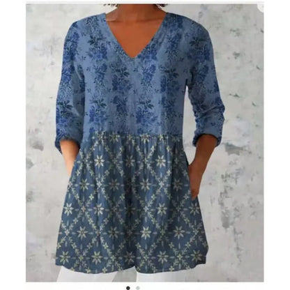 Women's printed wave loose dress with wide waist design and 3/4 sleeves in one of seven style options