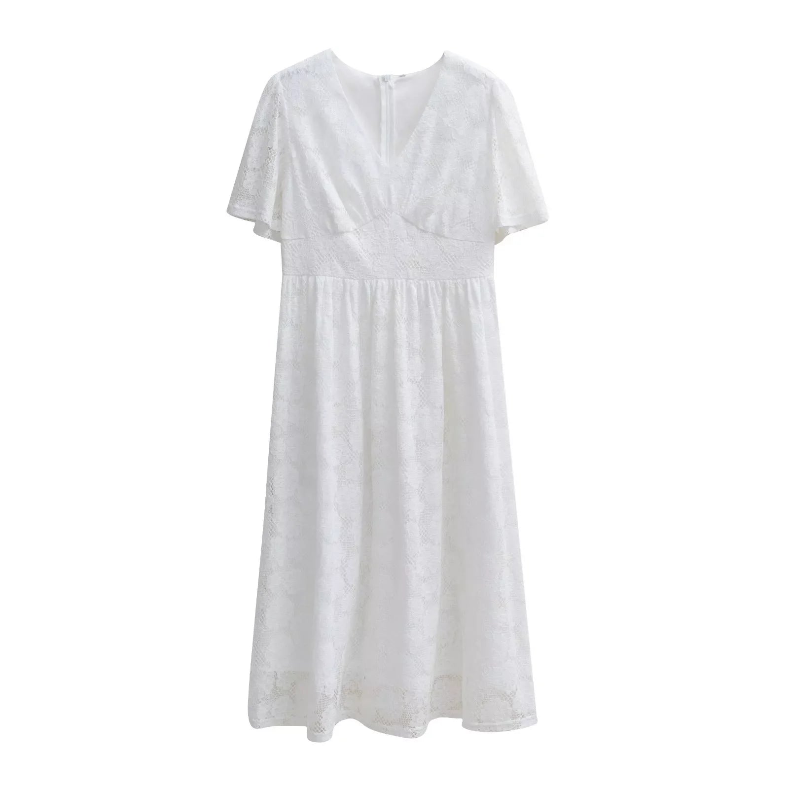 Women's V-neck lace summer dress with ruffled short sleeves in multiple colors