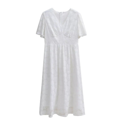 Women's V-neck lace summer dress with ruffled short sleeves in multiple colors