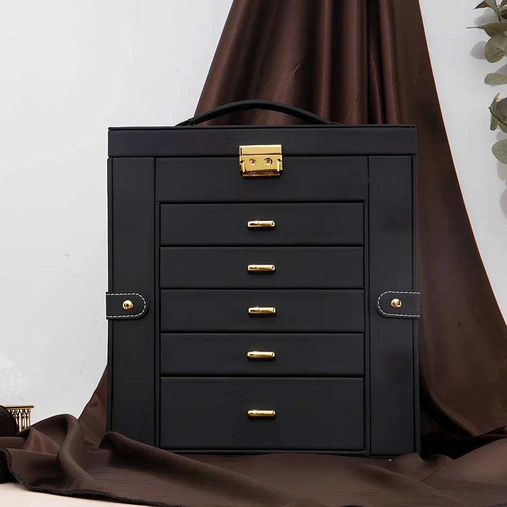 Large jewellery box with multiple compartments for cosmetics and accessories storage