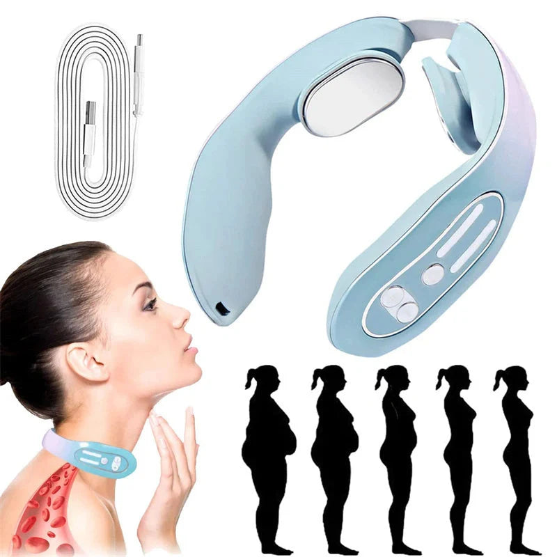EMS Neck Massager with Heat in blue, showing ergonomic design and USB charging