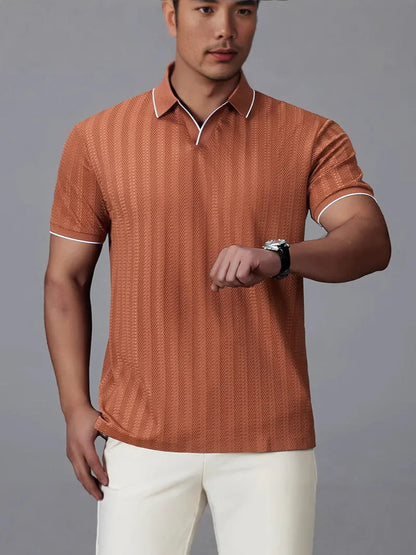 Men's loose fit short-sleeved polo shirt in ice silk nylon available in white, black, and orange colours