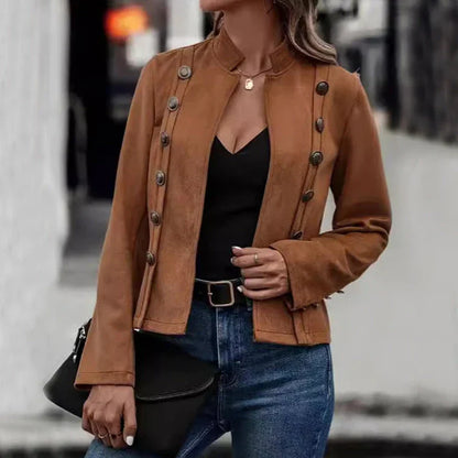 Stylish double-breasted suede jacket for women in dark brown and black colors