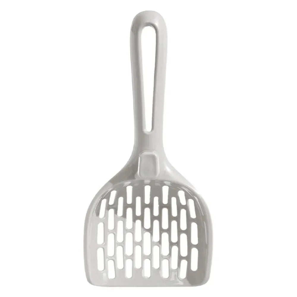 Grey plastic cat litter scoop with removable mesh screen and attached standing base.