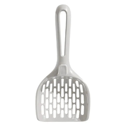 Grey plastic cat litter scoop with removable mesh screen and attached standing base.