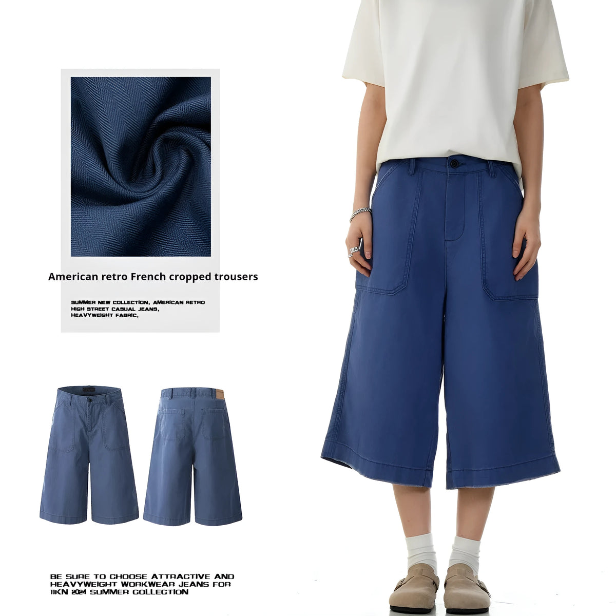 Men's French Blue cotton cropped shorts with straight-leg, loose fit, mid waist and zip fly, sizes S to XXL