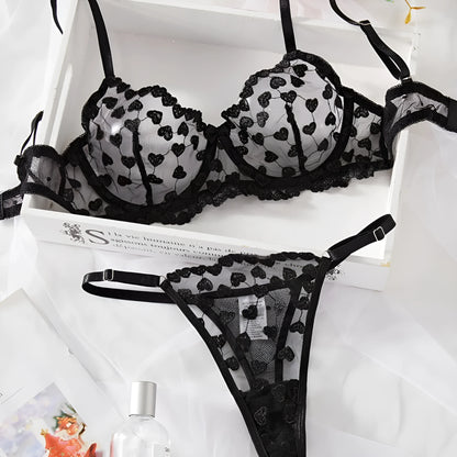 Romantic multi-colour mesh women's suit set comprising a top and trousers, shown in red and black colour options.