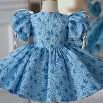 Blue polyester girls' princess dress with pettiskirt layering, shown in princess style for birthday occasions