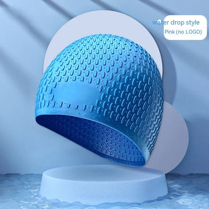Silicone water drop swimming cap for adults shown in one of nine solid colours.