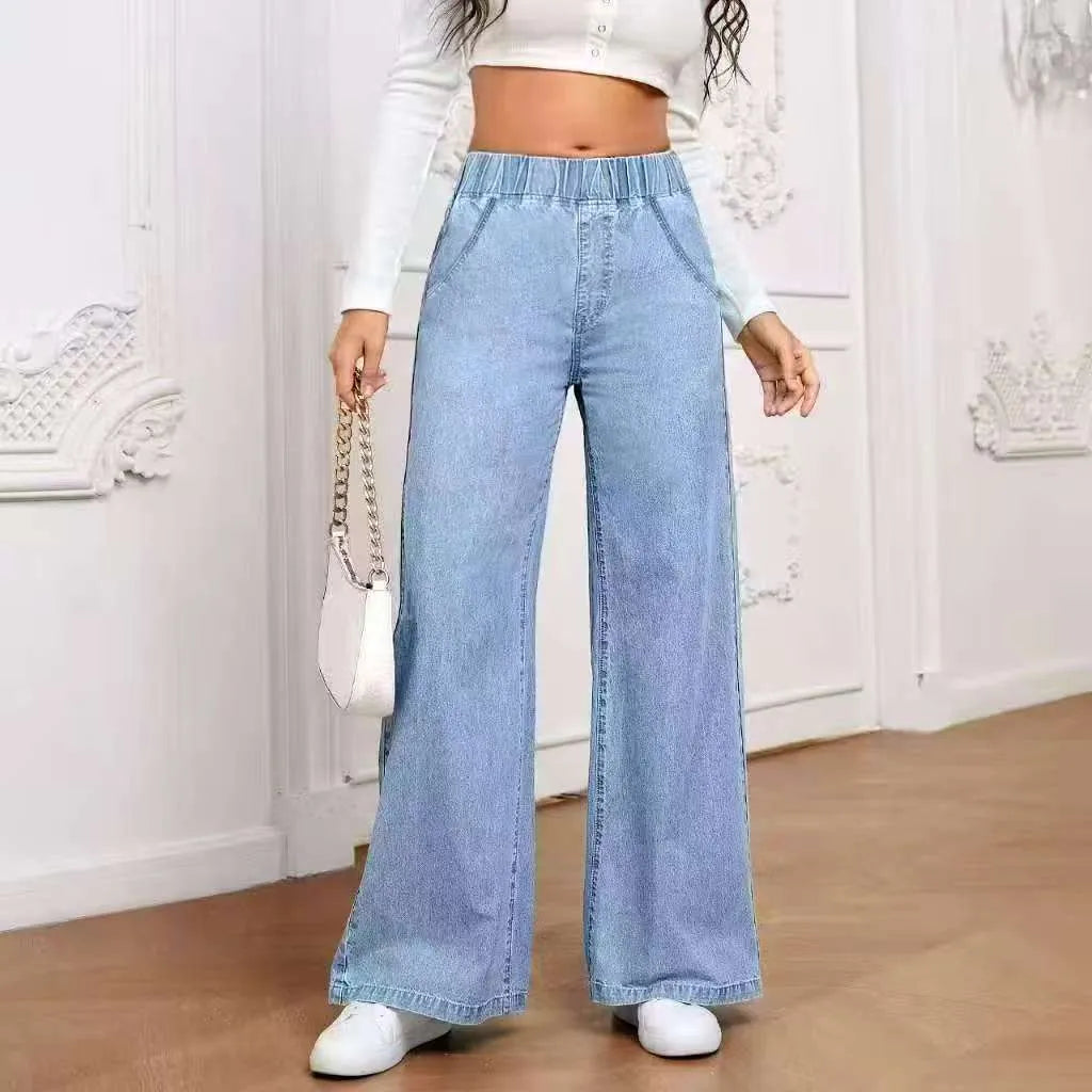 Light blue washed wide-leg denim trousers with mid waist and zip placket for plus-size youth wear