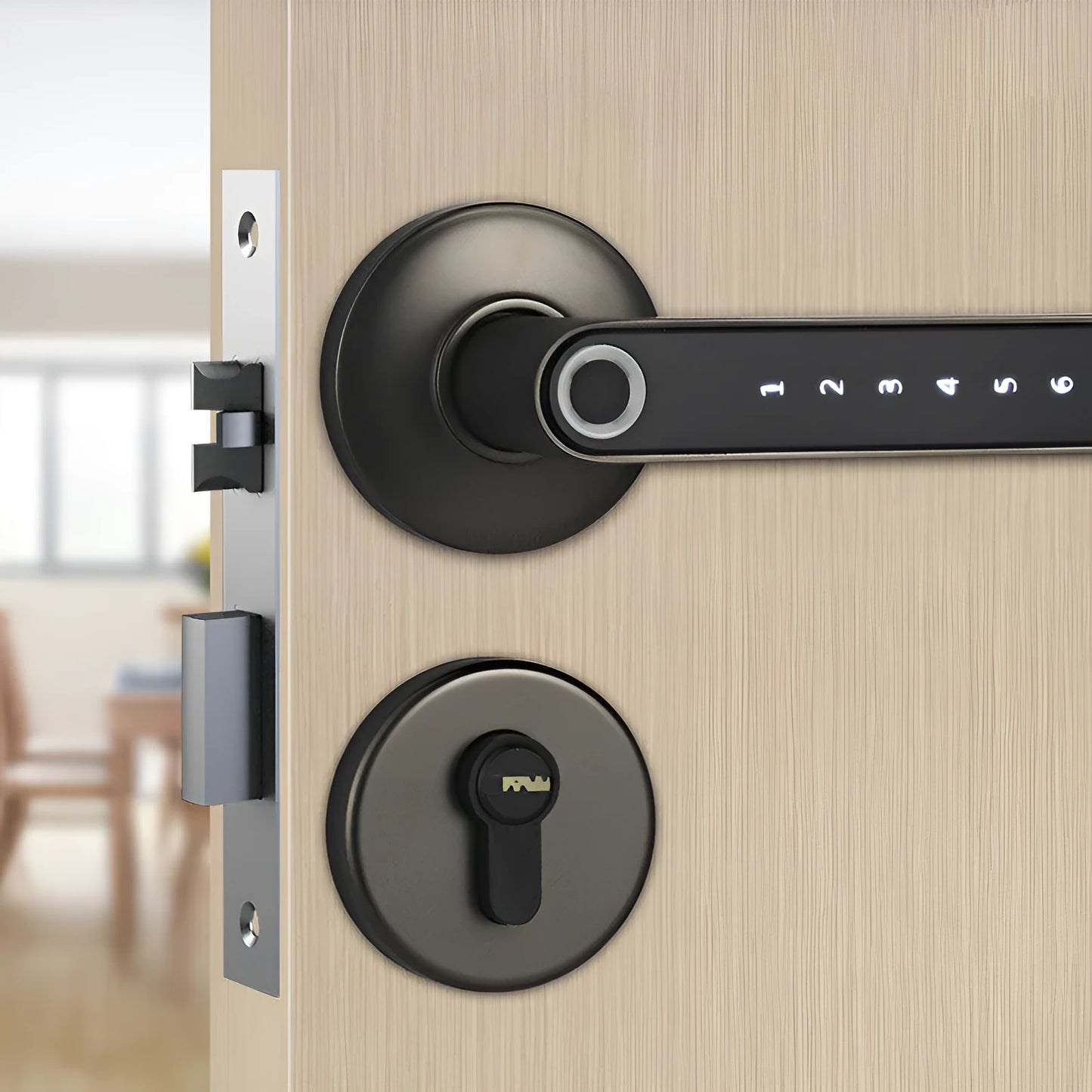 Black alloy smart digital lock with fingerprint sensor and modern minimalist design for keyless door entry