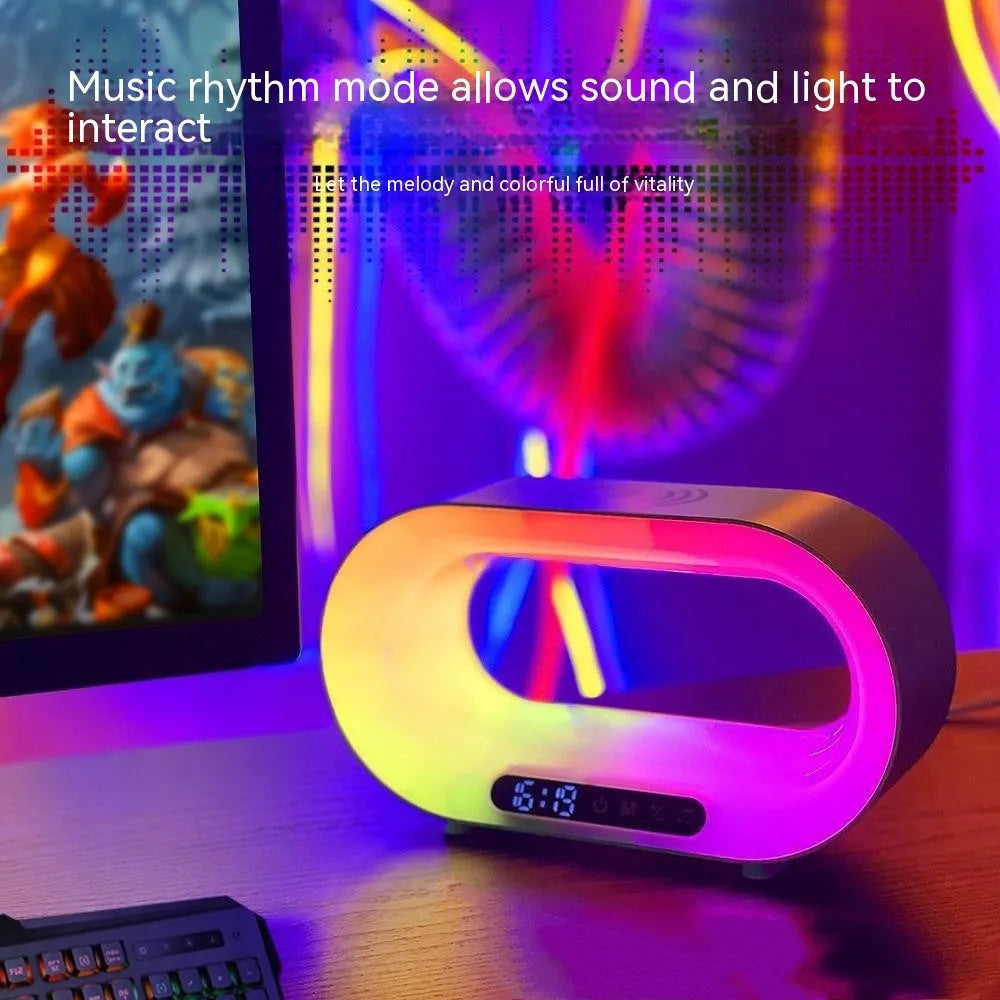 White smart bedside lamp with wireless charging pad, LED lighting, and digital alarm clock display