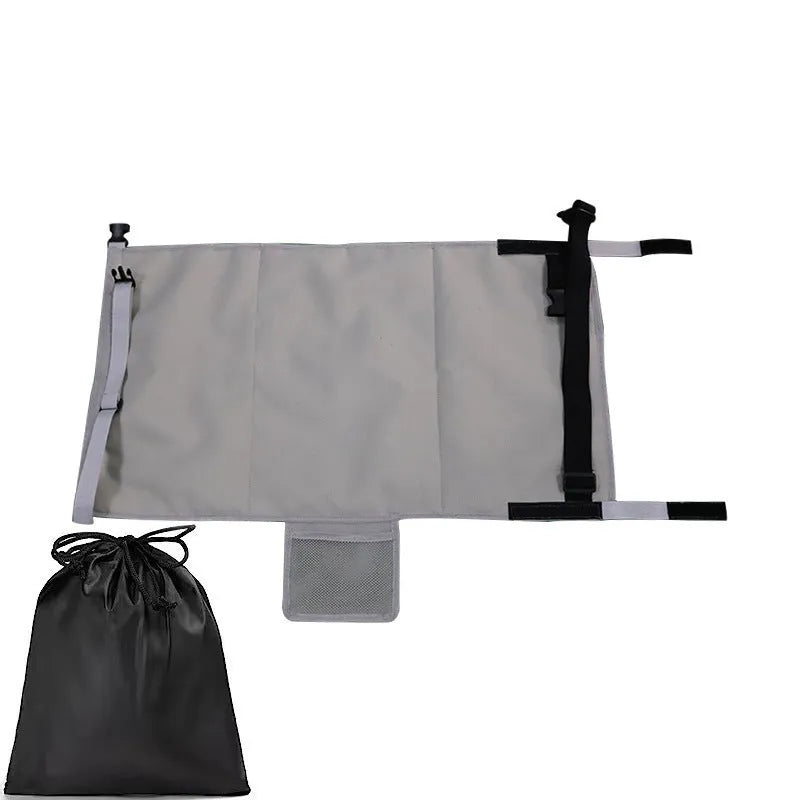 Portable blue children's aircraft seat extender kit with drawstring storage pocket.