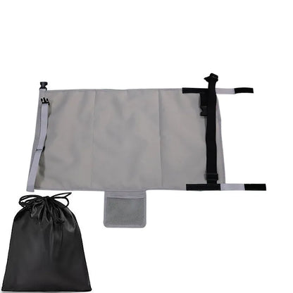 Portable blue children's aircraft seat extender kit with drawstring storage pocket.