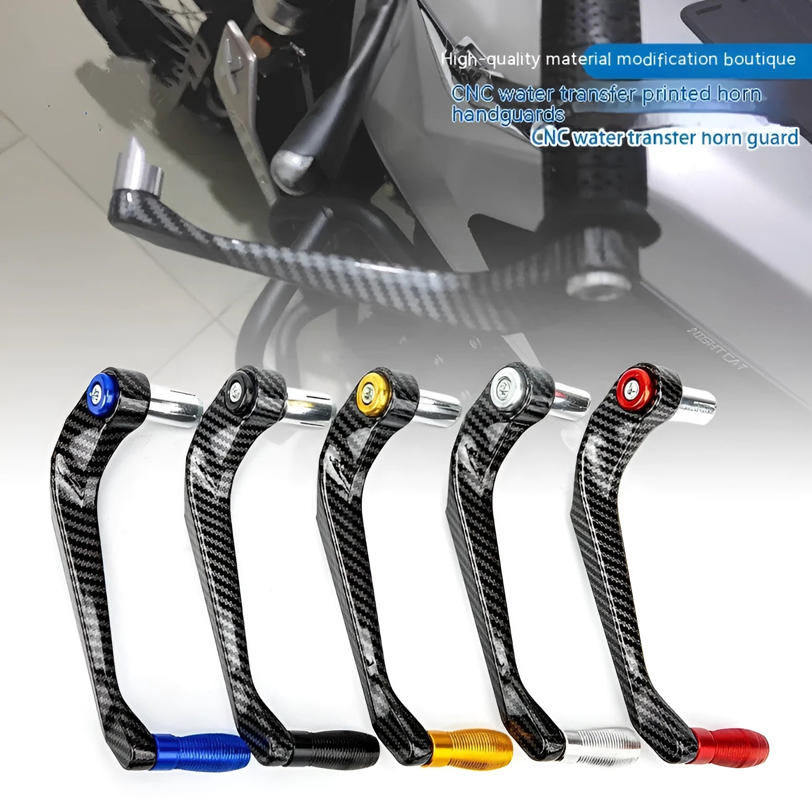 A pair of aluminium motorcycle hand guards with water transfer printing in one of five colour options: black, red, silver, gold, or blue.