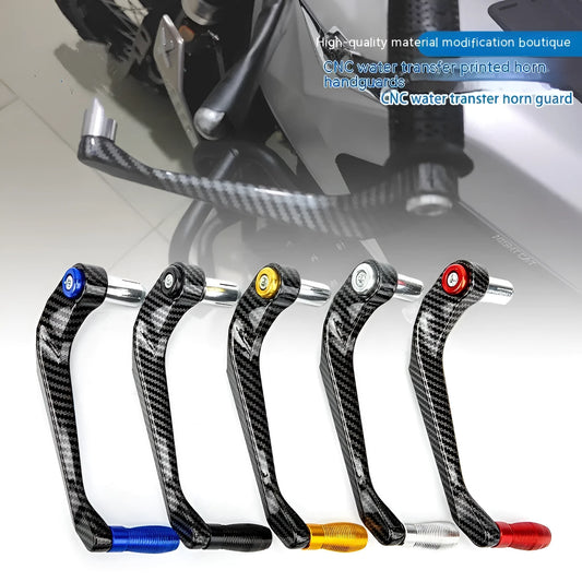 A pair of aluminium motorcycle hand guards with water transfer printing in one of five colour options: black, red, silver, gold, or blue.
