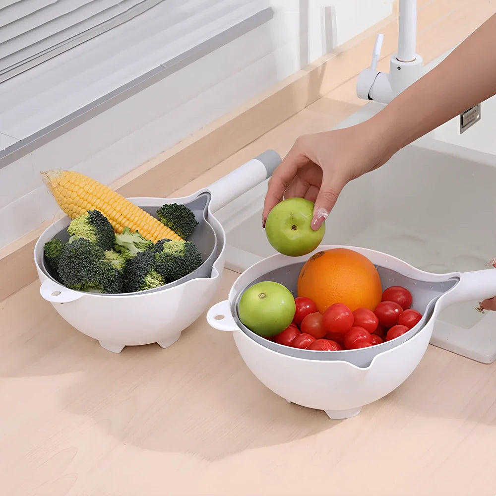 White plastic double-layer drain basket measuring 10×12.2×23cm with mesh design