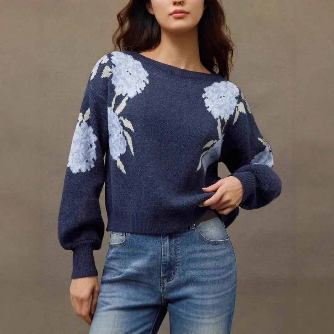 Women's sapphire blue off-neck pullover with flower jacquard pattern, loose fit with 50cm length