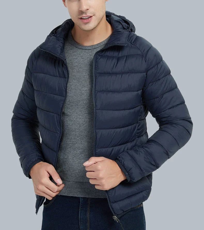 Men's lightweight hooded jacket in various solid colors with zipper closure and stylish design