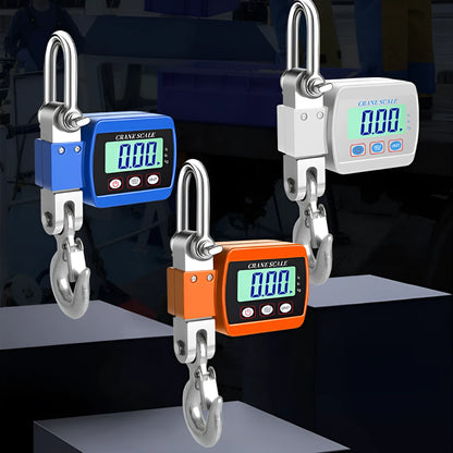 Blue electronic digital hook scale displaying weight, with hook for weighing items.