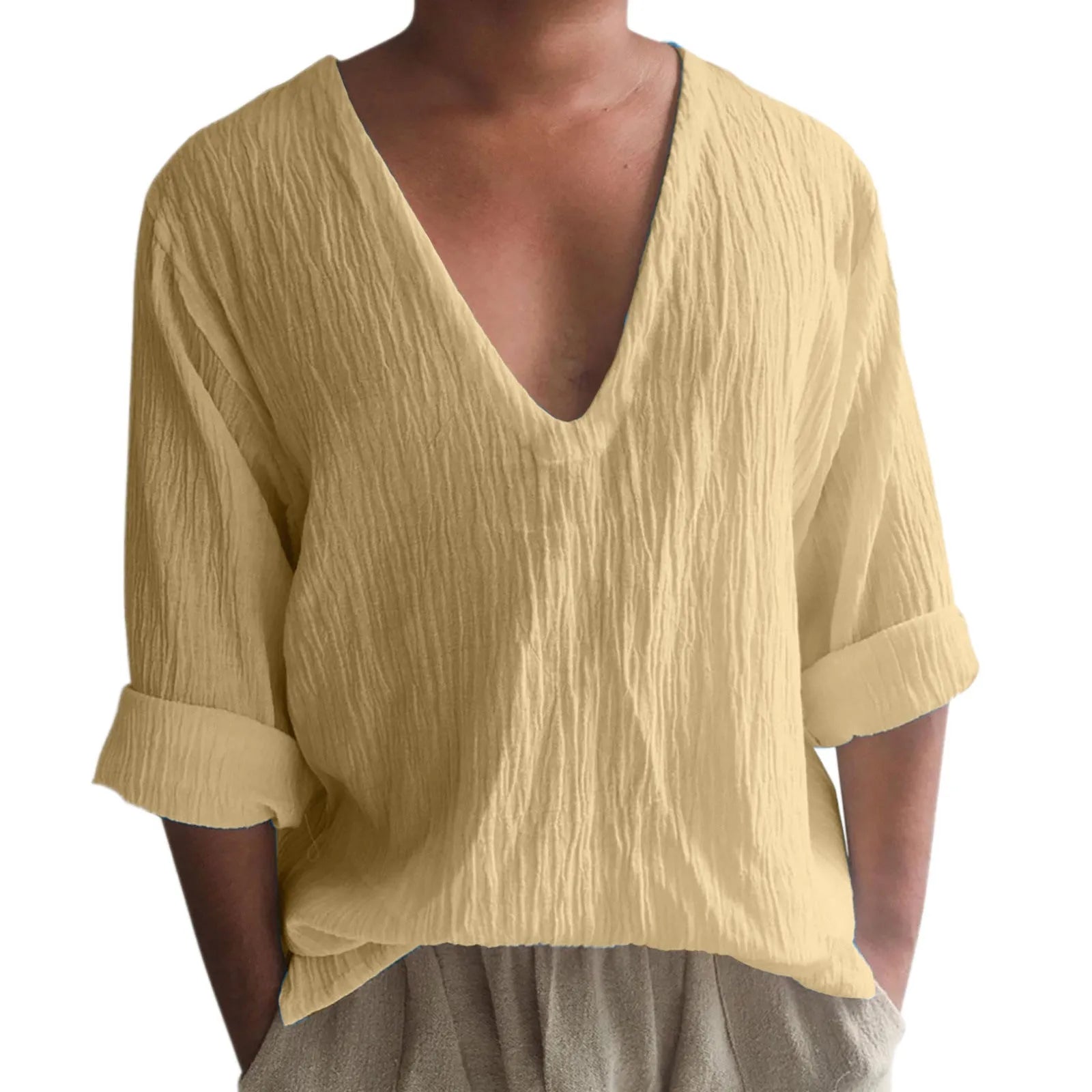 Men's washed cotton long sleeve V-neck t-shirt in a solid colour on a hanger.