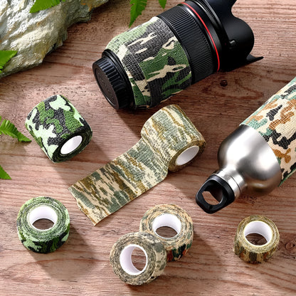 Roll of non-woven elastic camouflage bandage tape in a forest pattern, 4.5 metres long and 5cm wide.
