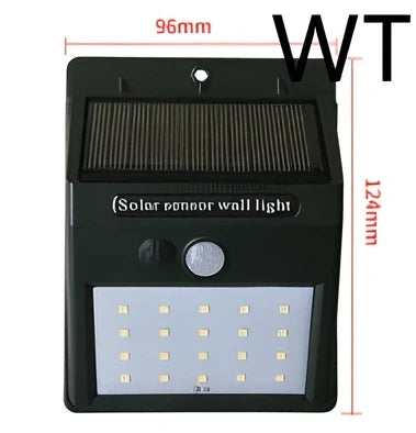 Solar sensor light in black ABS plastic with 20 LEDs and infrared motion detection, package 130x102x55mm
