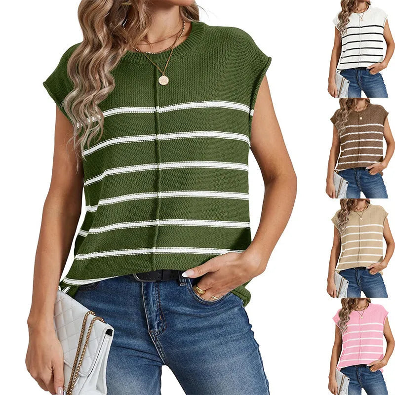 Women's striped sleeveless pullover top with bone stitching details in acrylic fabric, showing colour options and fit