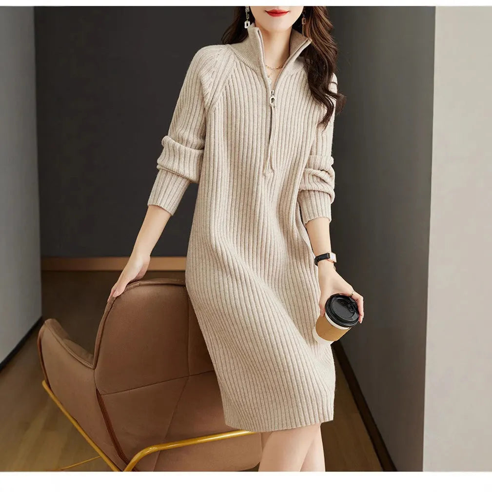 Women's beige casual long sleeve dress with half zip front and stand collar, loose straight fit.