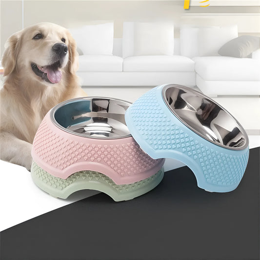 Blue stainless steel pet bowl with non-slip weighted base on a plain surface.