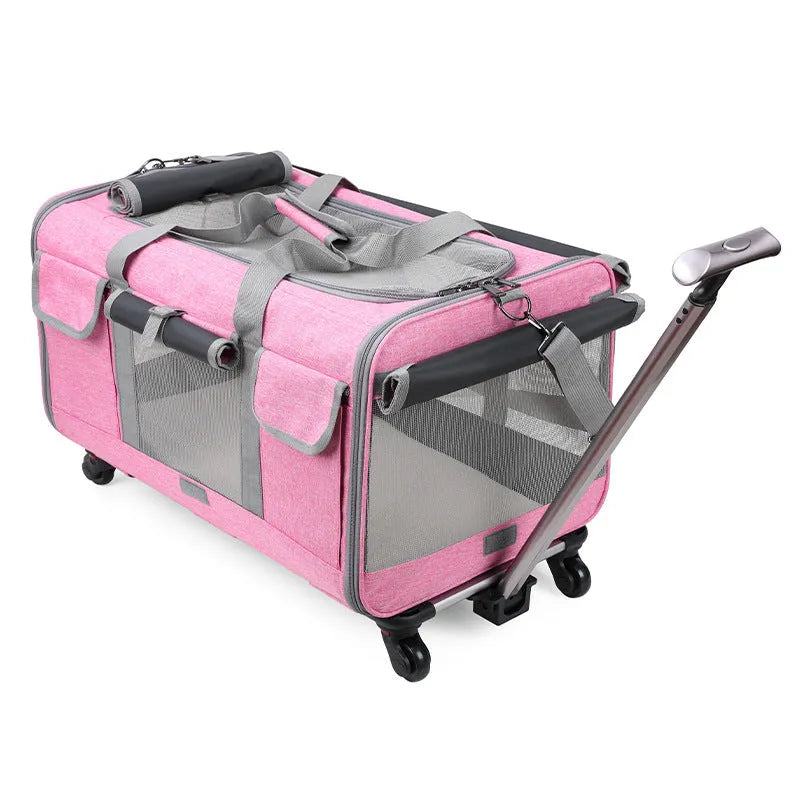 Foldable Oxford fabric pet trolley bag, 17.50kg load rating, shown in solid beige, blue, dark grey, grey and pink
