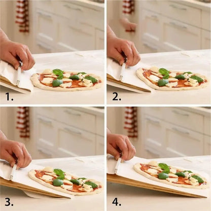 White PP plastic pizza transfer shovel measuring 55cm by 35cm on kitchen counter