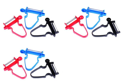Stainless steel vegetable peeler set with black, blue, red handles and dual swivel blades