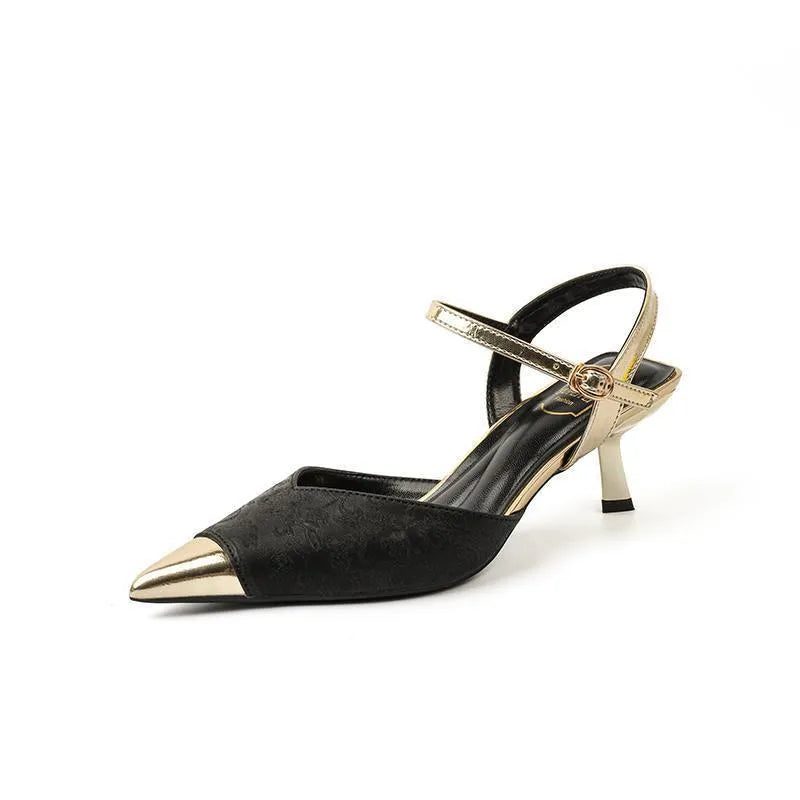 Women's genuine leather pointed toe sandals with 6CM block heel in green, apricot, black, or silver