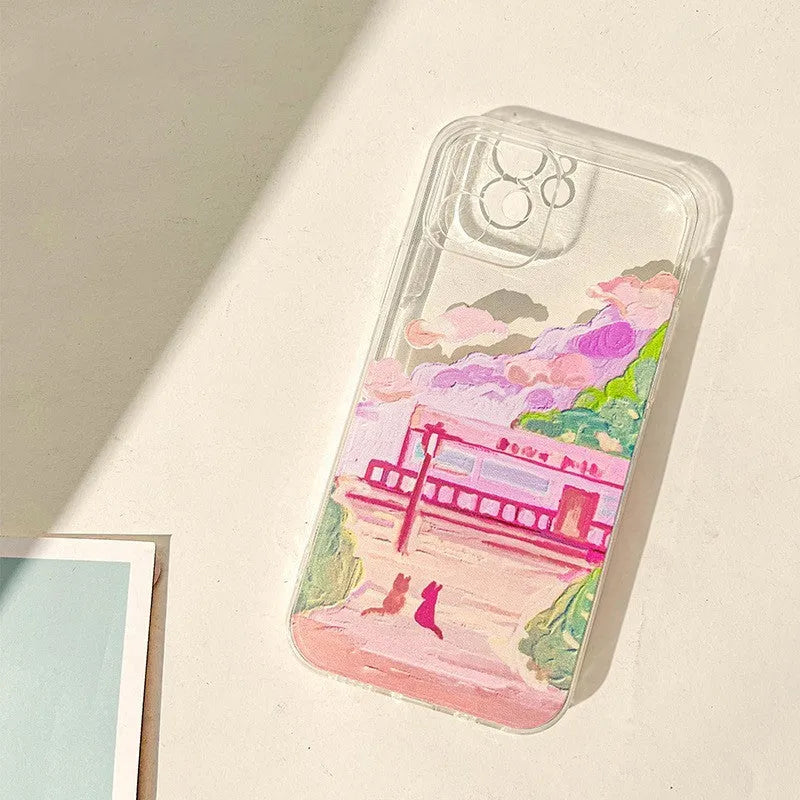 Soft silicone iPhone case with two-cat cartoon design on a mobile phone