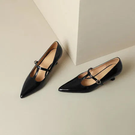 Women's black leather square toe high heel shoes with a 6-8cm heel on a plain background.