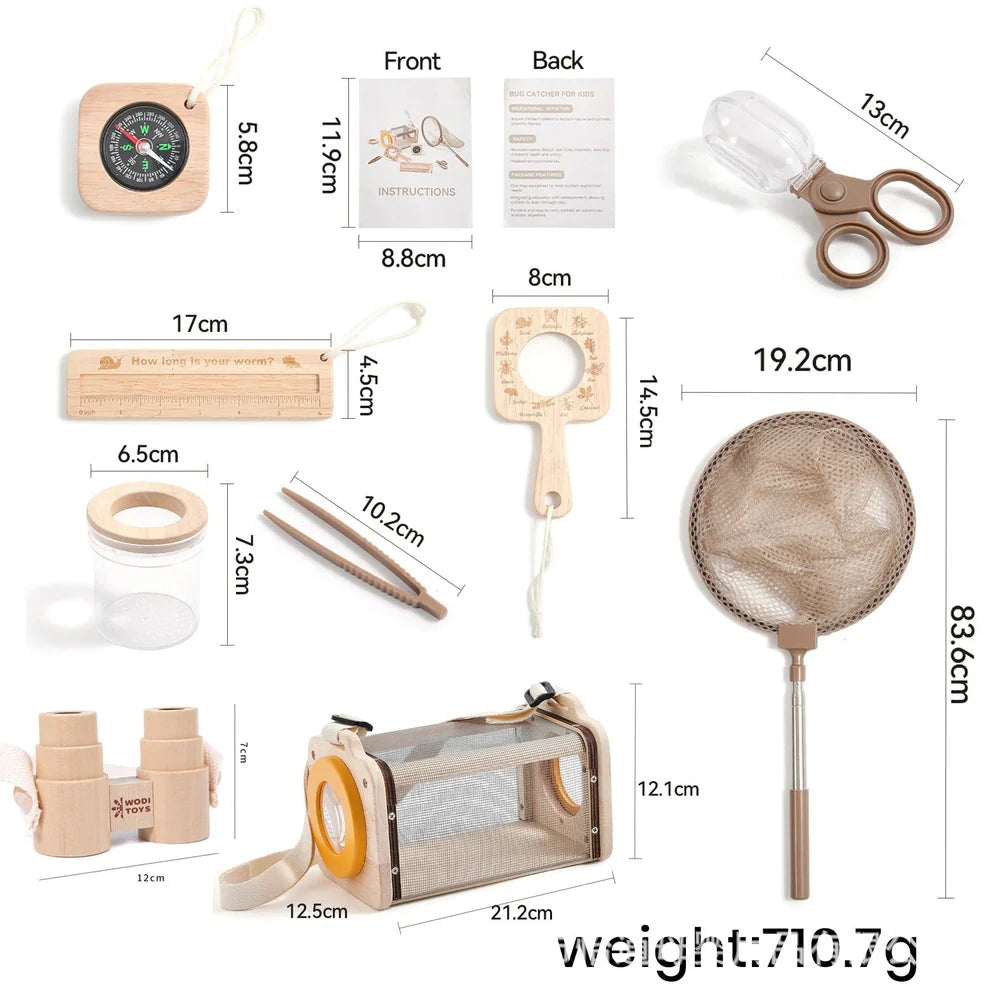 Wooden outdoor exploration teaching aids set with telescope, book, and adventure suit for infant development