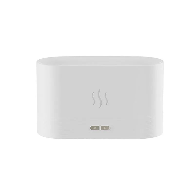 Square black aroma diffuser with flame light effect and mist output, 75x75x137mm