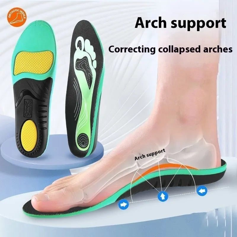 Blue and green PU foam flat foot correction insoles for men and women.