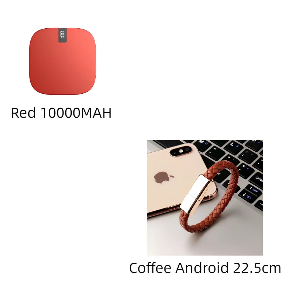 Red 10000 mAh mini power bank with digital display showing battery percentage, measuring 90x64x24mm