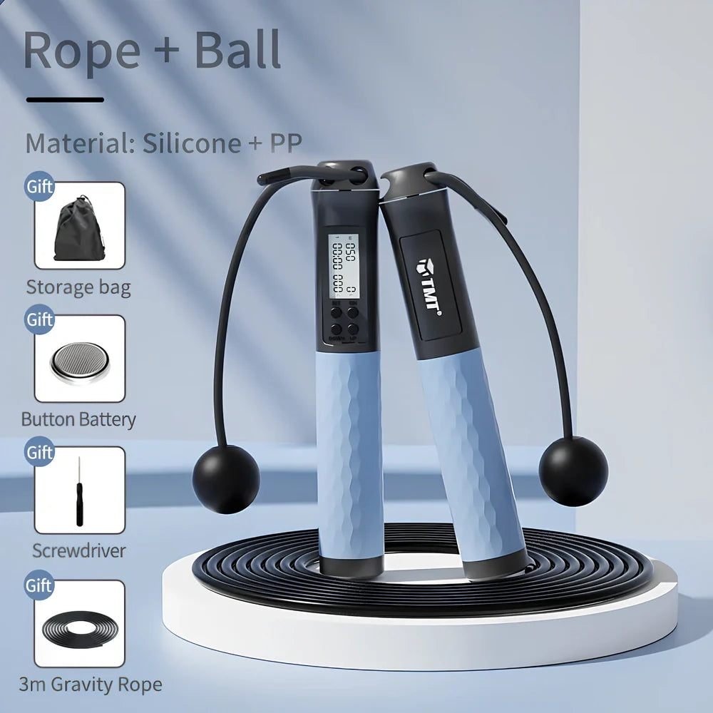 Digital skipping rope with adjustable 300cm length and LCD display showing calorie counter and timer metrics