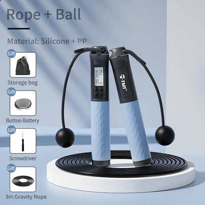 Digital skipping rope with adjustable 300cm length and LCD display showing calorie counter and timer metrics